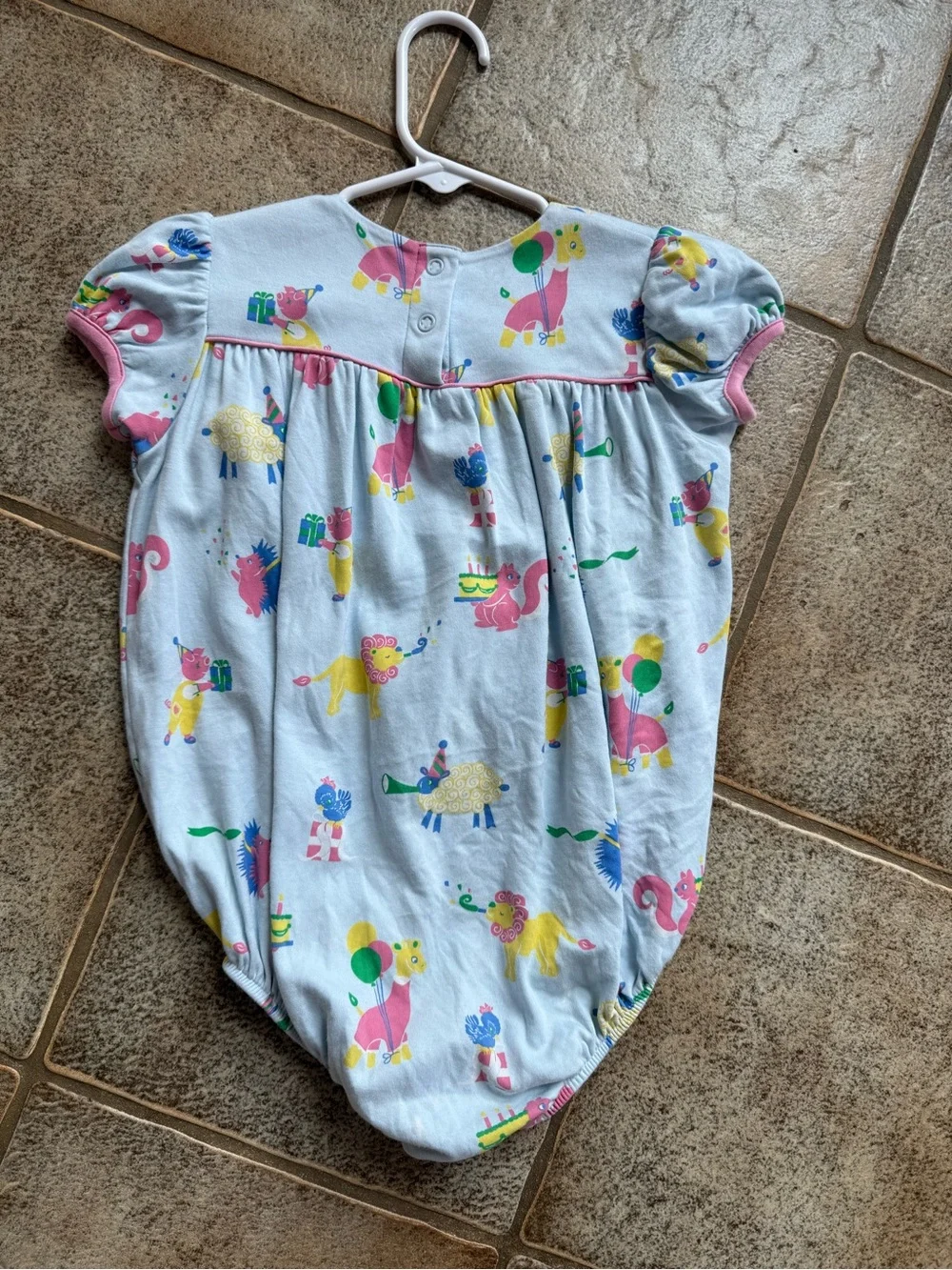 The Beaufort Bonnet Company Light Blue Animal Print One-Piece with Pink Trim